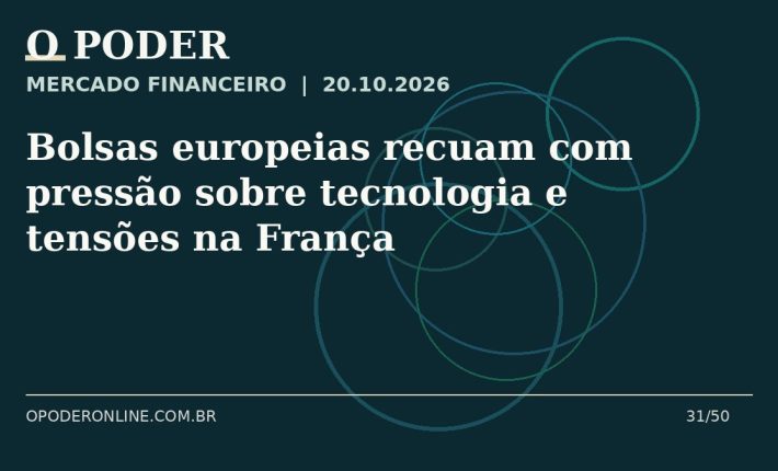 Arte editorial ilustrativa sobre: Bolsas europeias recuam com pressão sobre tecnologia e tensões na França