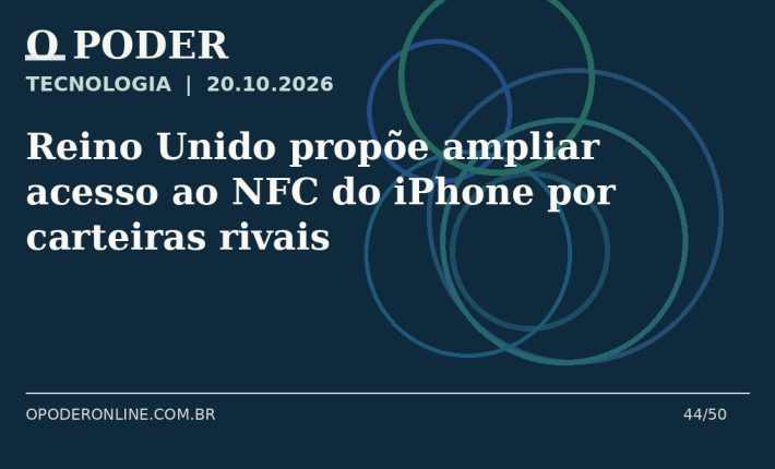 Arte editorial ilustrativa sobre: Reino Unido propõe ampliar acesso ao NFC do iPhone por carteiras rivais